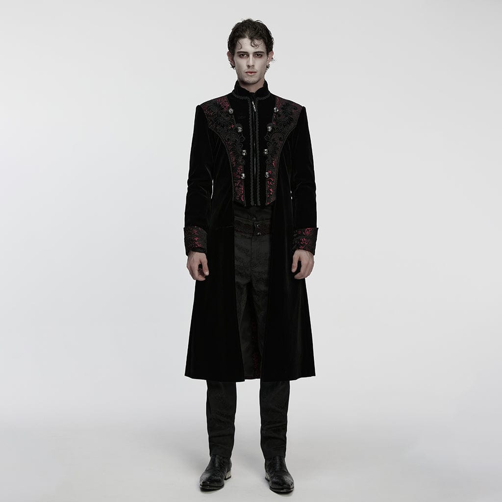 PUNK RAVE Men's Gothic Floral Jacquard Bouble-breasted Zip Coat Black-Red