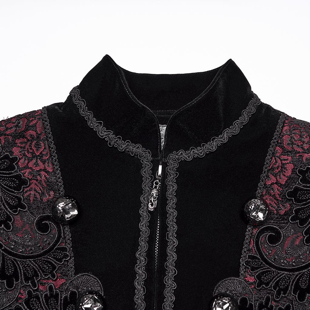 PUNK RAVE Men's Gothic Floral Jacquard Bouble-breasted Zip Coat Black-Red