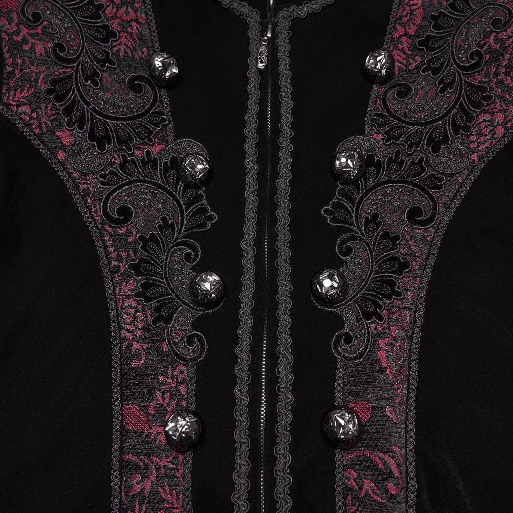PUNK RAVE Men's Gothic Floral Jacquard Bouble-breasted Zip Coat Black-Red