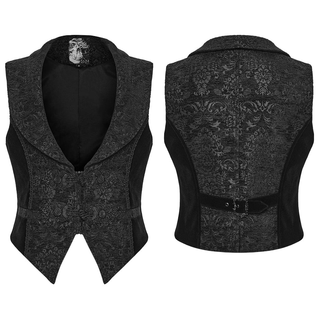PUNK RAVE Men's Gothic Floral Jacquard Buckle Strap Vest Black