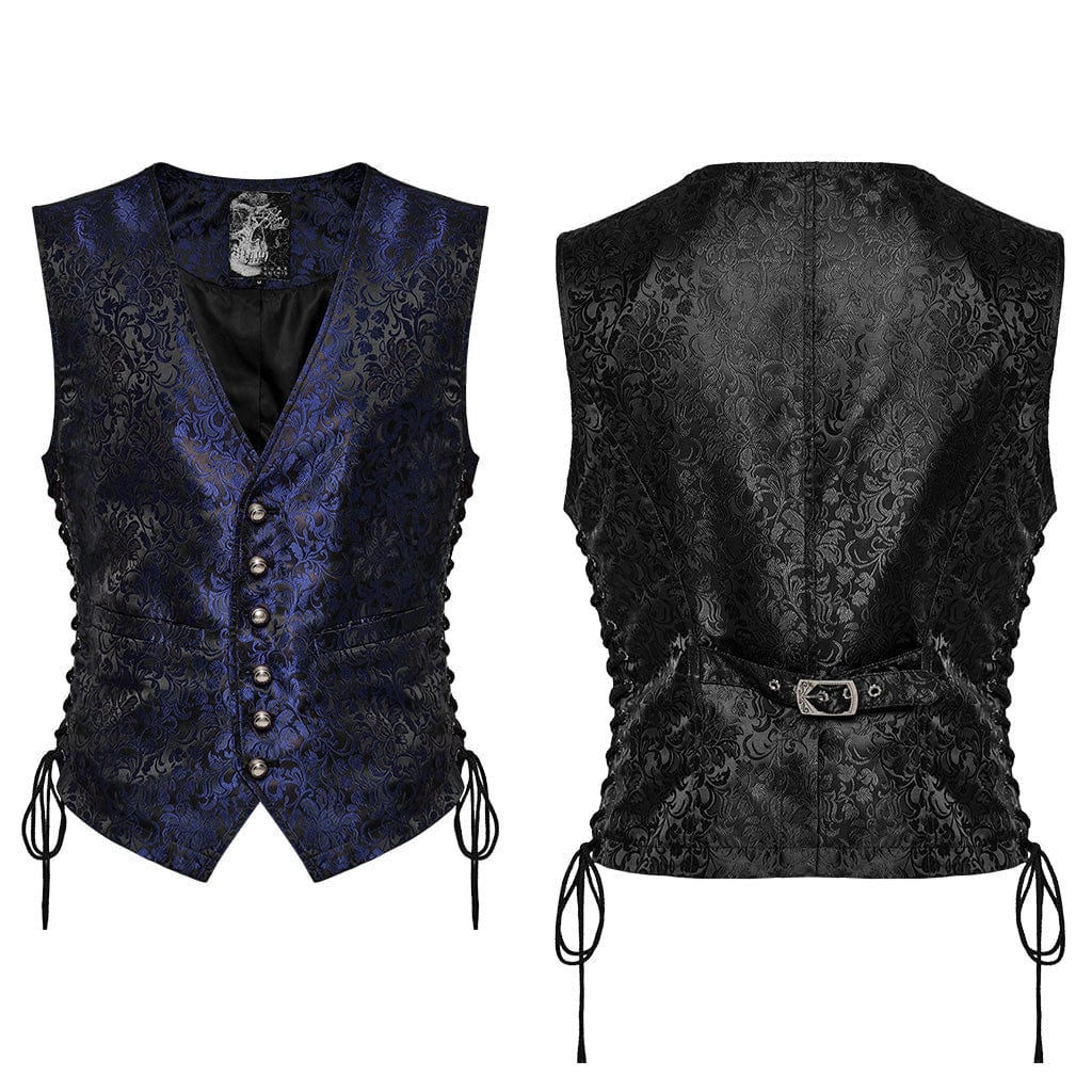 PUNK RAVE Men's Gothic Floral Jacquard Lace-up Black Blue Vest