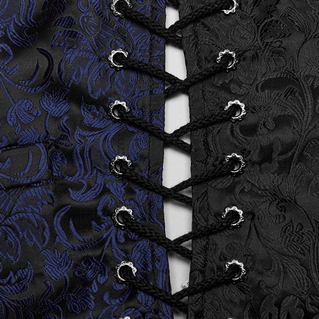 PUNK RAVE Men's Gothic Floral Jacquard Lace-up Black Blue Vest