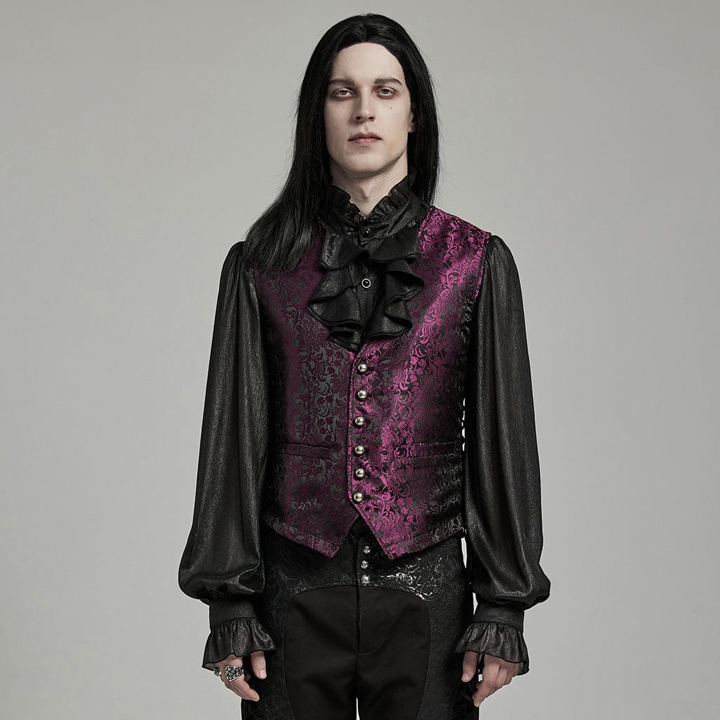 PUNK RAVE Men's Gothic Floral Jacquard Lace-up Black Red Vest