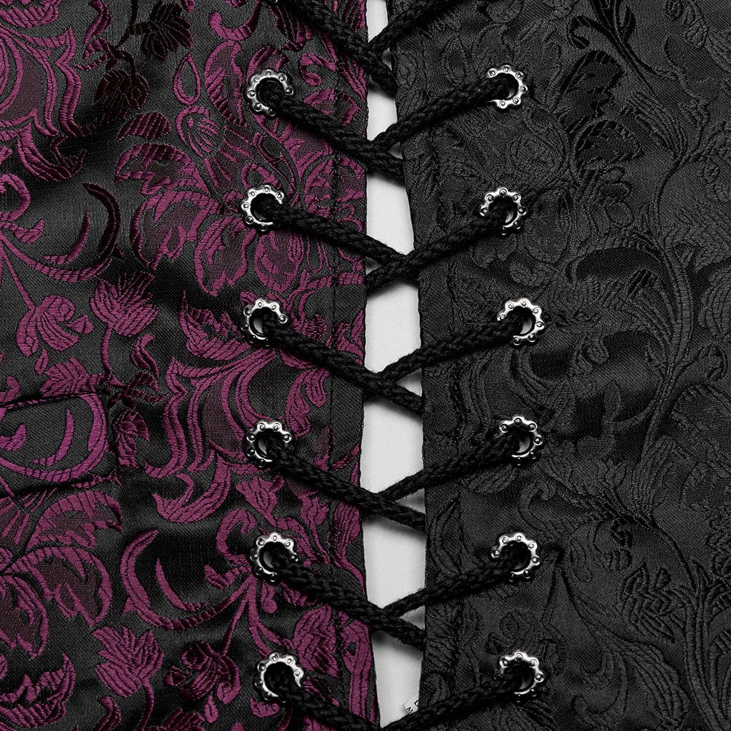 PUNK RAVE Men's Gothic Floral Jacquard Lace-up Black Red Vest