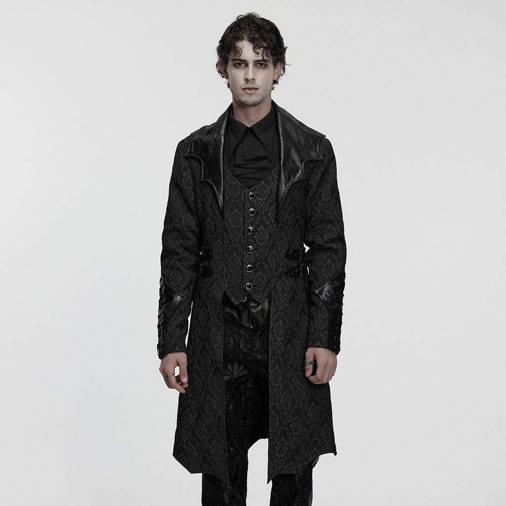 PUNK RAVE Men's Gothic Floral Jacquard Turn-down Bat Collar Coat Black