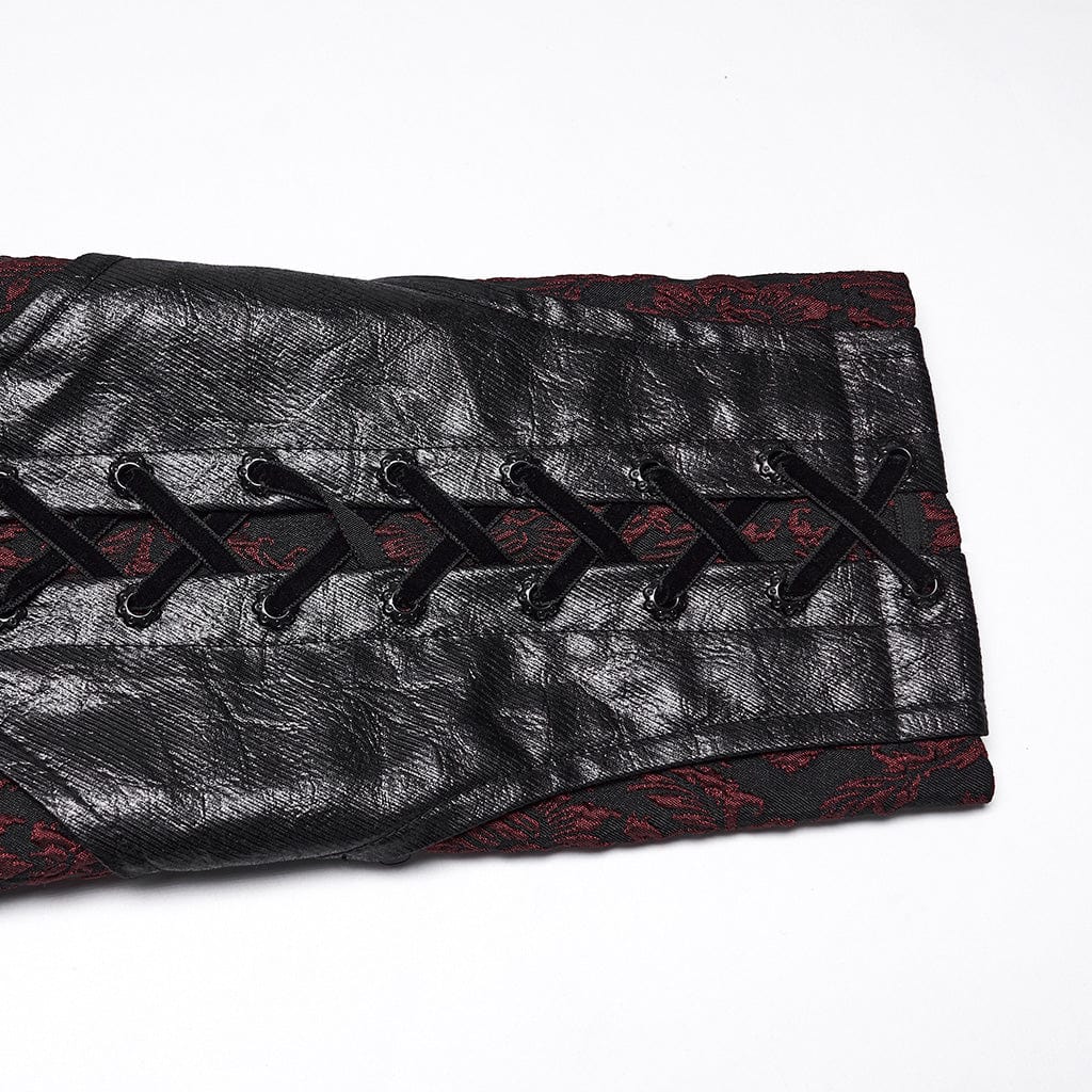 PUNK RAVE Men's Gothic Floral Jacquard Turn-down Bat Collar Coat Black-Red