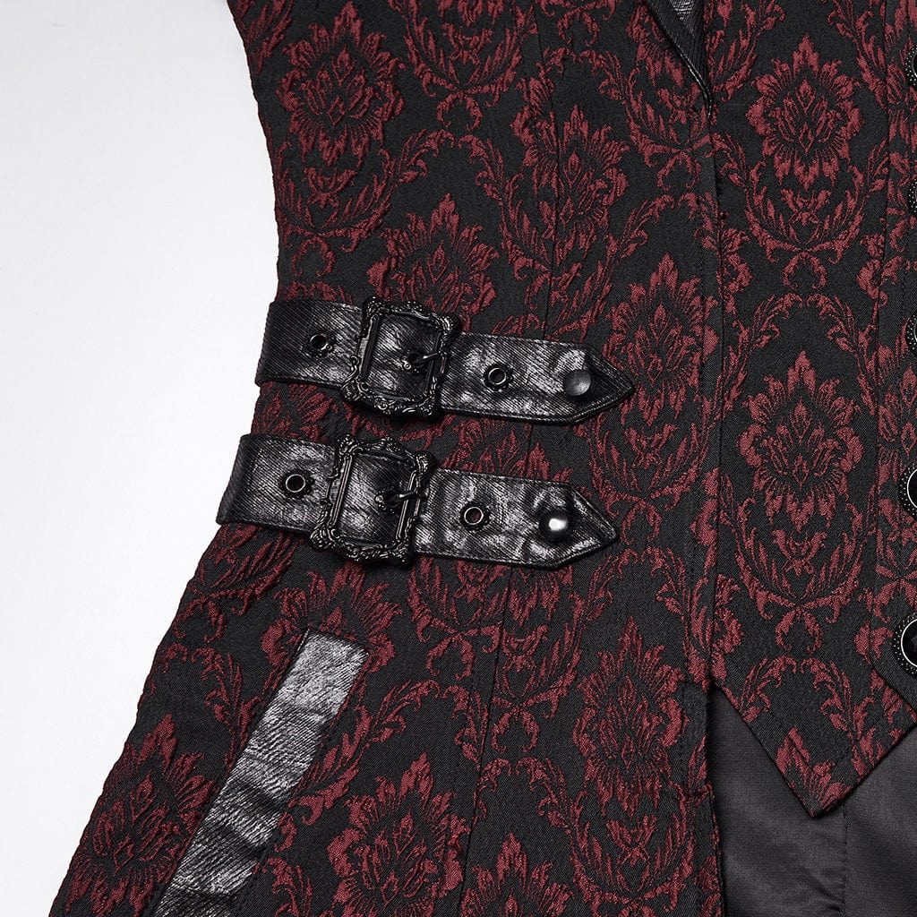 PUNK RAVE Men's Gothic Floral Jacquard Turn-down Bat Collar Coat Black-Red