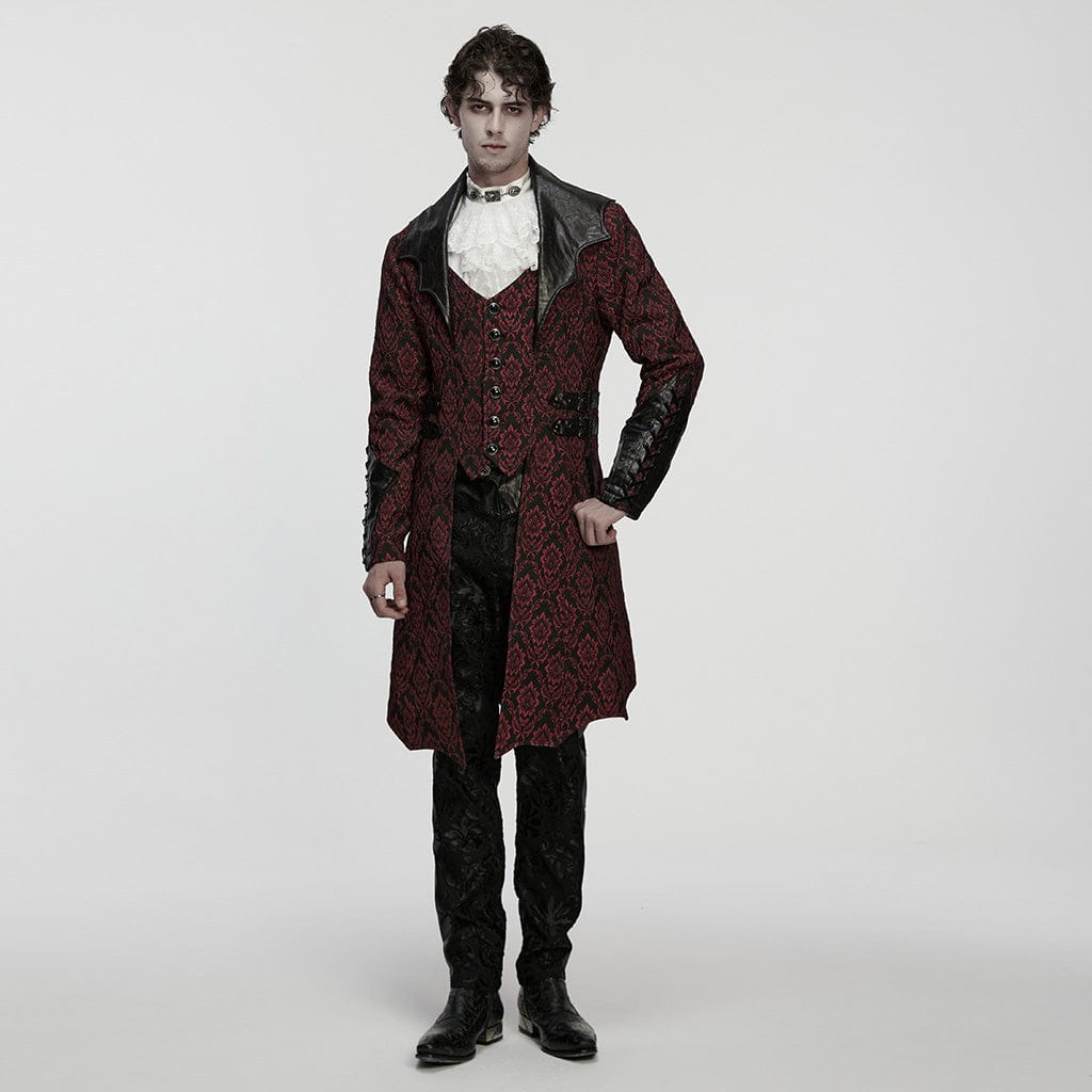 PUNK RAVE Men's Gothic Floral Jacquard Turn-down Bat Collar Coat Black-Red