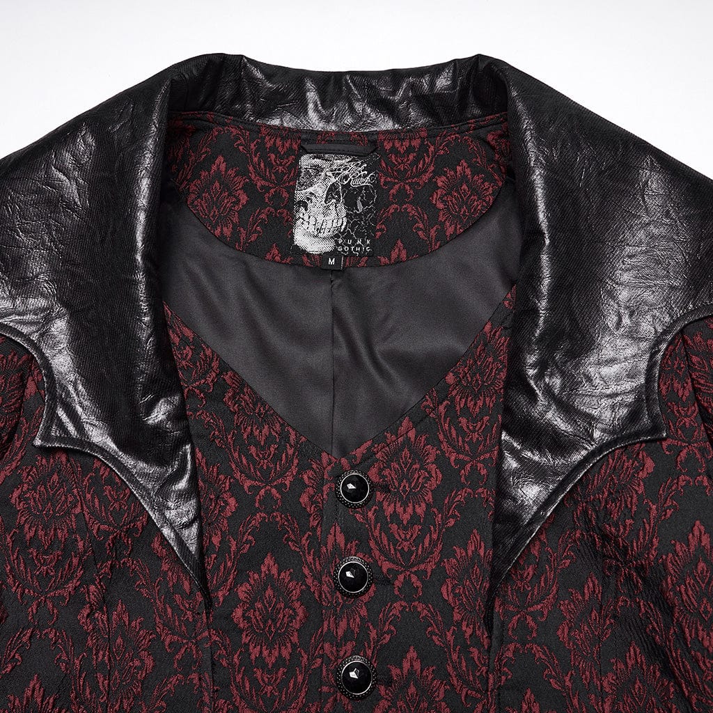 PUNK RAVE Men's Gothic Floral Jacquard Turn-down Bat Collar Coat Black-Red