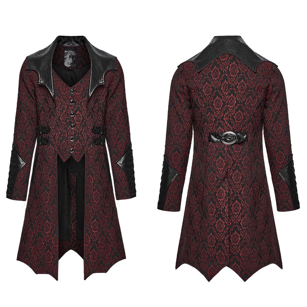 PUNK RAVE Men's Gothic Floral Jacquard Turn-down Bat Collar Coat Black-Red