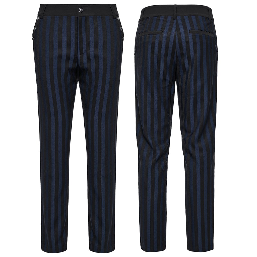 PUNK RAVE Men's Gothic High-waisted Striped Suit Pants Blue