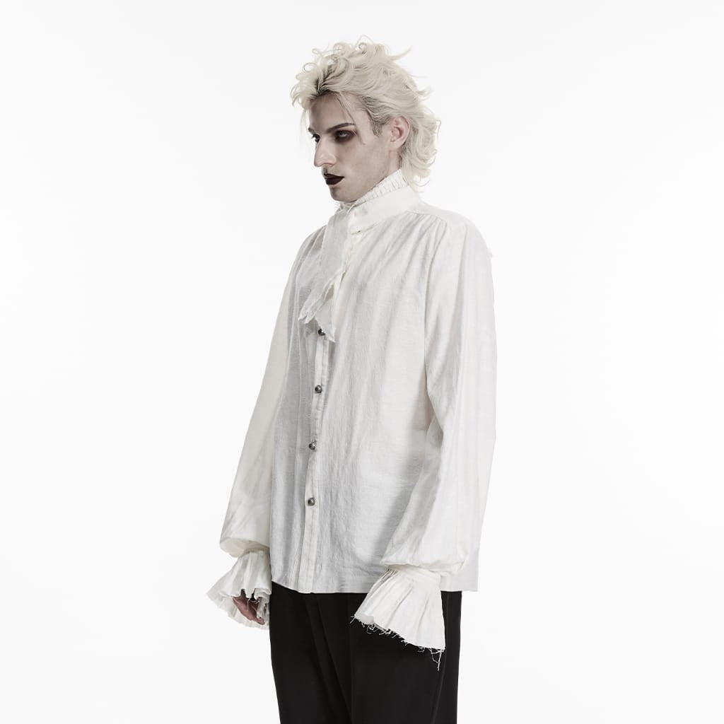 PUNK RAVE Men's Gothic Jacquard Bishop Sleeved Shirt with Detachable Tie White