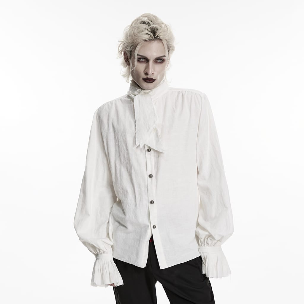 PUNK RAVE Men's Gothic Jacquard Bishop Sleeved Shirt with Detachable Tie White