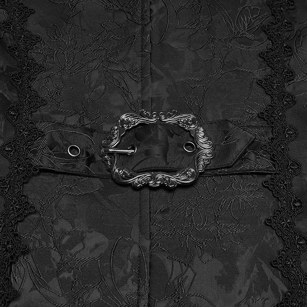 PUNK RAVE Men's Gothic Jacquard Chained Lapel Long Vest Black