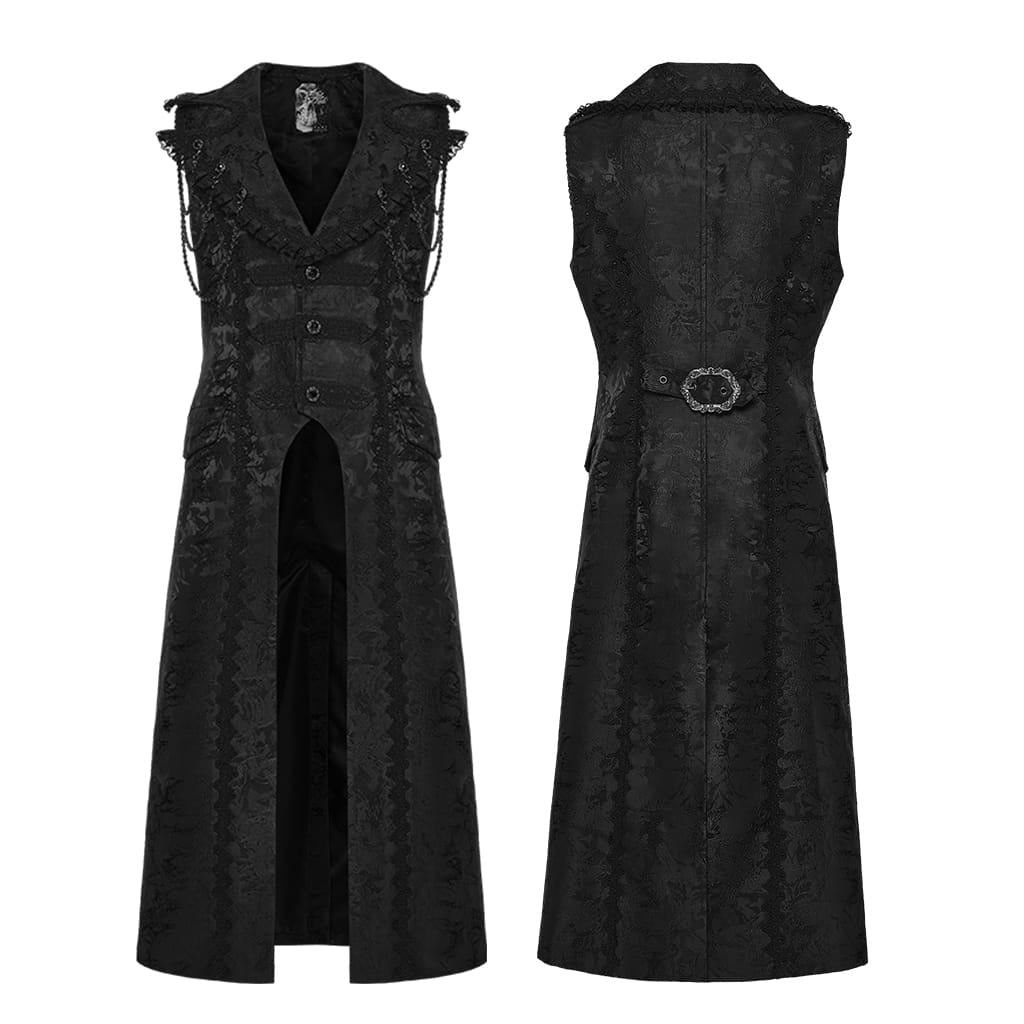 PUNK RAVE Men's Gothic Jacquard Chained Lapel Long Vest Black
