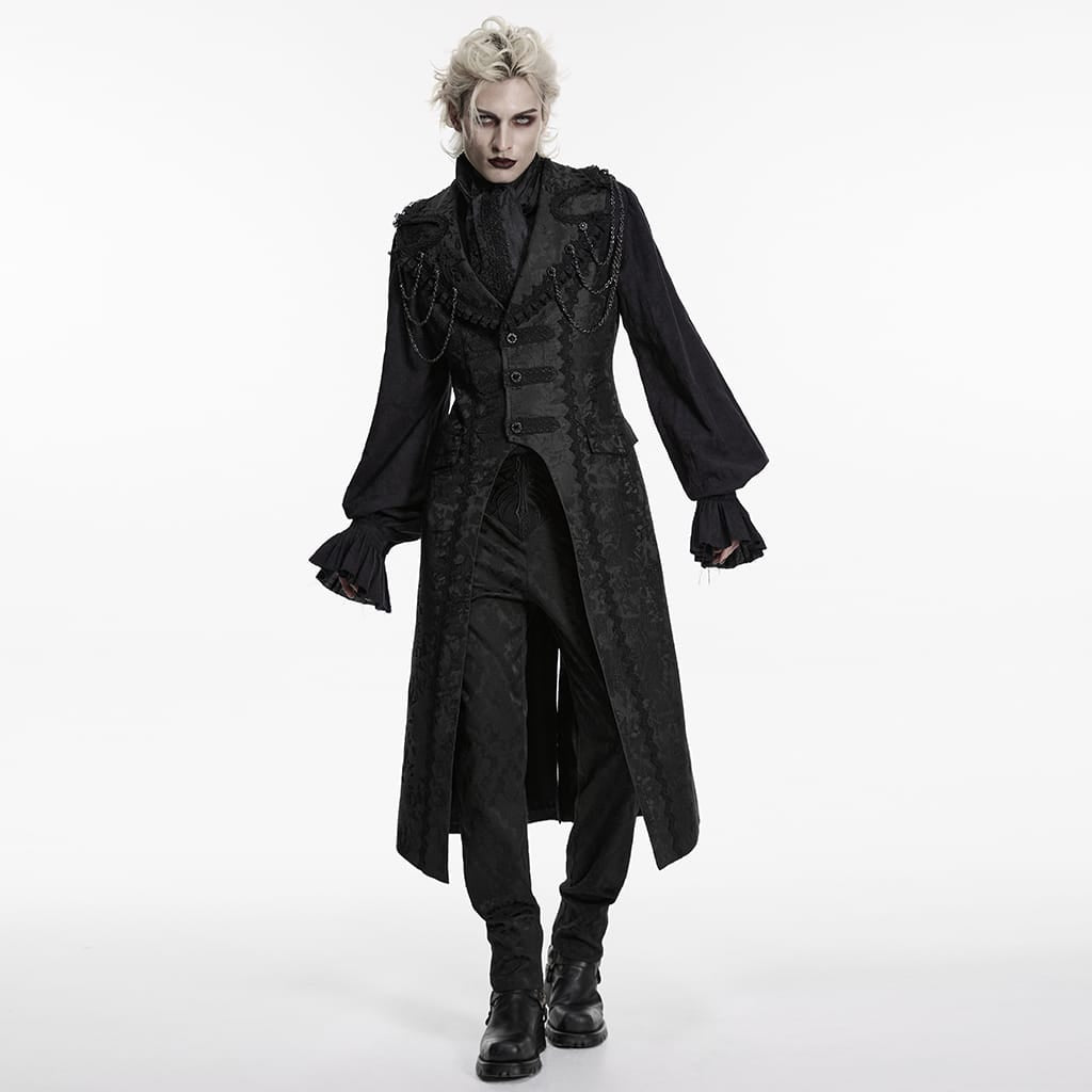 PUNK RAVE Men's Gothic Jacquard Chained Lapel Long Vest Black
