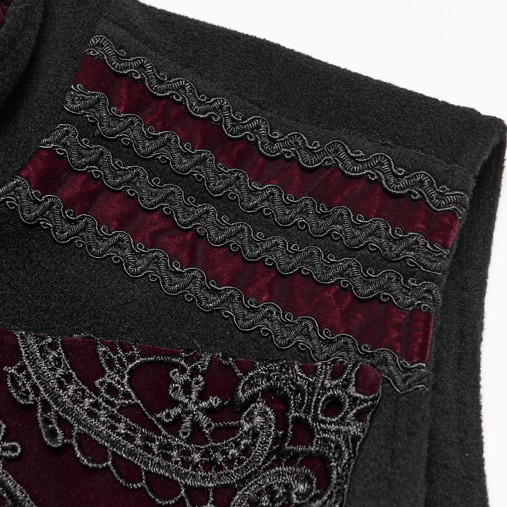 PUNK RAVE Men's Gothic Lace Applique Front Zipper Stand Collar Vest Black-Red