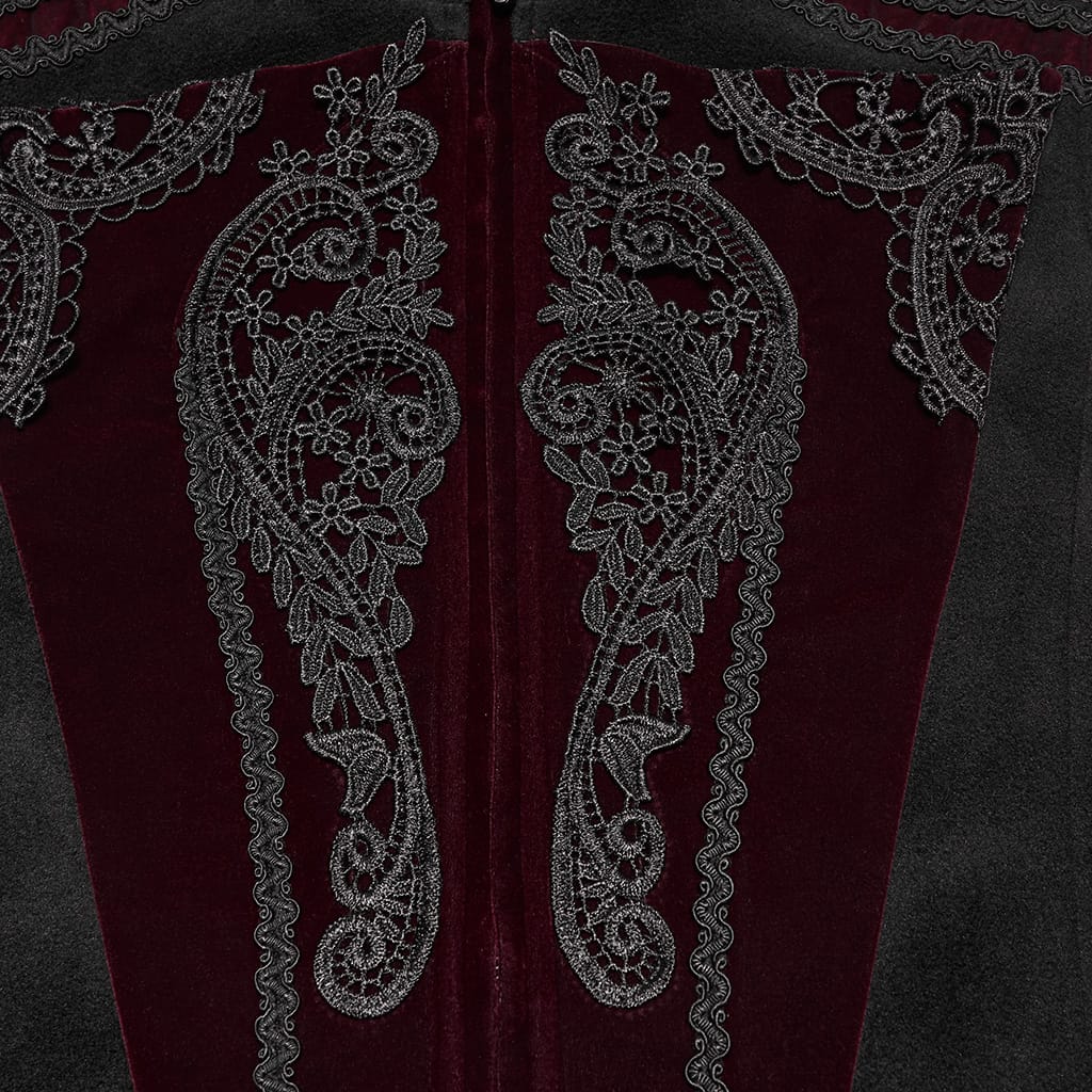 PUNK RAVE Men's Gothic Lace Applique Front Zipper Stand Collar Vest Black-Red