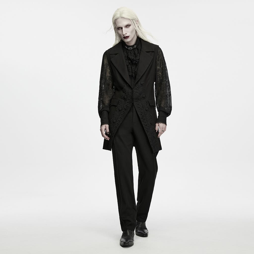 PUNK RAVE Men's Gothic Lace Applique Lapel Long Waistcoat