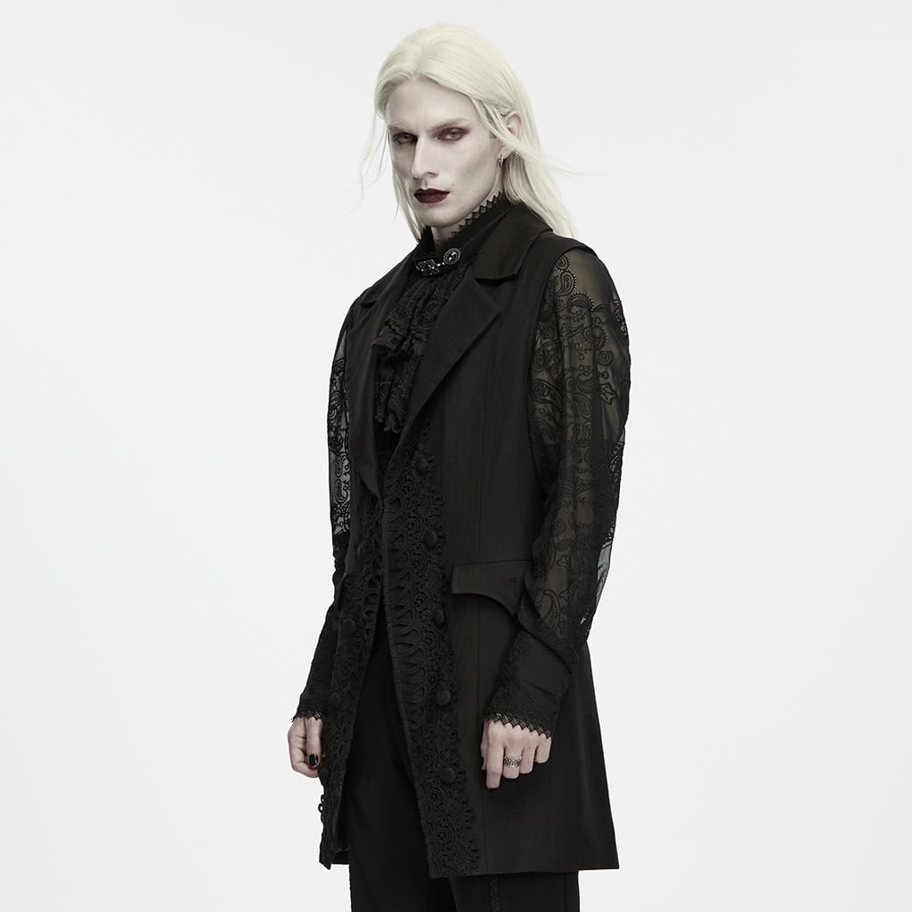 PUNK RAVE Men's Gothic Lace Applique Lapel Long Waistcoat
