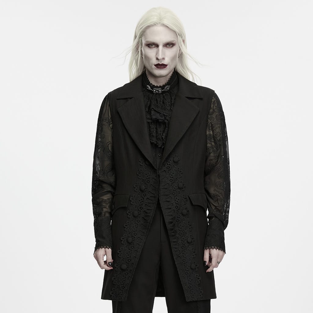 PUNK RAVE Men's Gothic Lace Applique Lapel Long Waistcoat