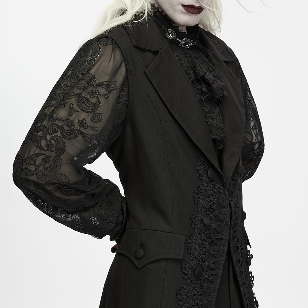 PUNK RAVE Men's Gothic Lace Applique Lapel Long Waistcoat