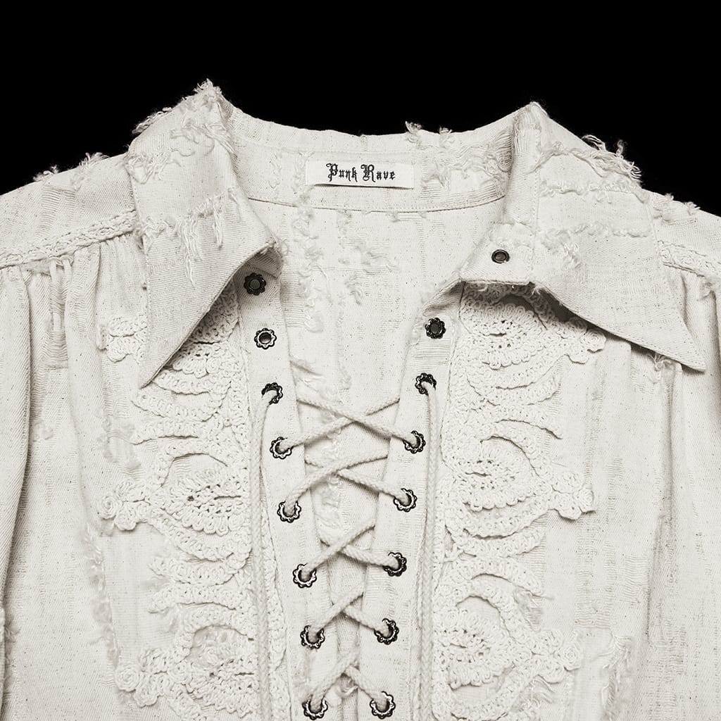 PUNK RAVE Men's Gothic Lace-up Distressed Turn-down Collar Shirt White