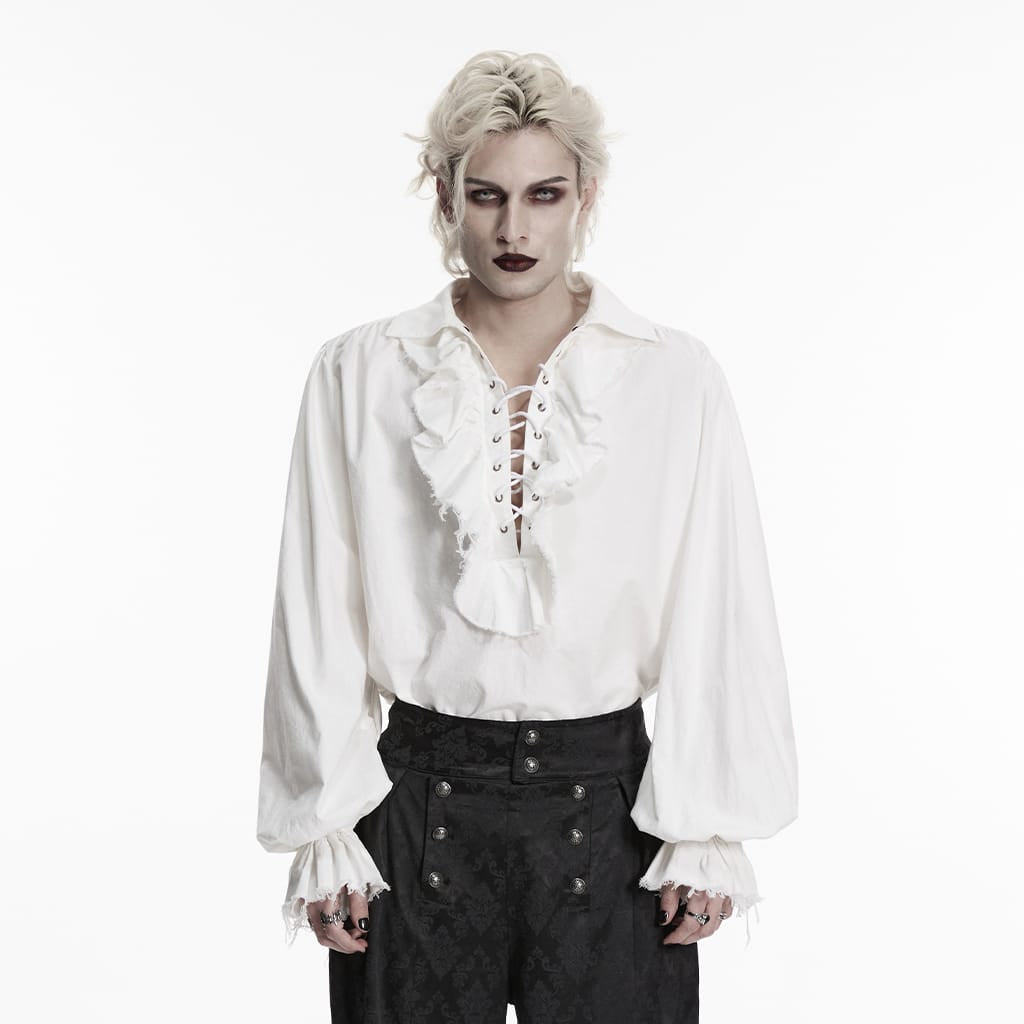 PUNK RAVE Men's Gothic Lace-up Ruffled Bishop Sleeved Shirt White