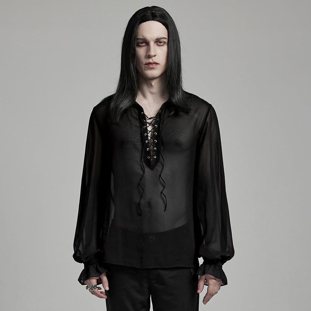 PUNK RAVE Men's Gothic Lantern Sleeved Lace-up Sheer Chiffon Shirt