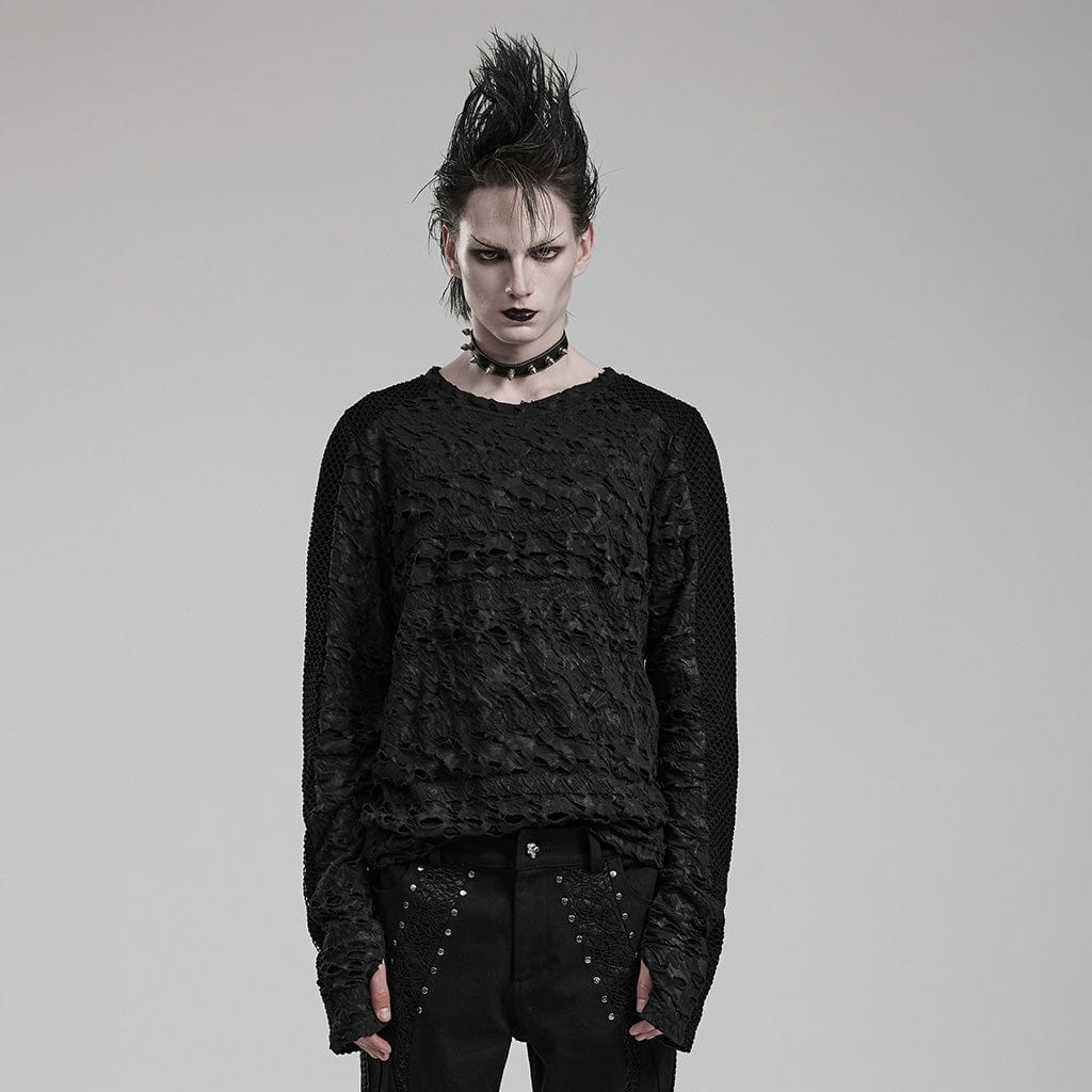 PUNK RAVE Men's Gothic Mesh Splice Long Sleeve Shirt