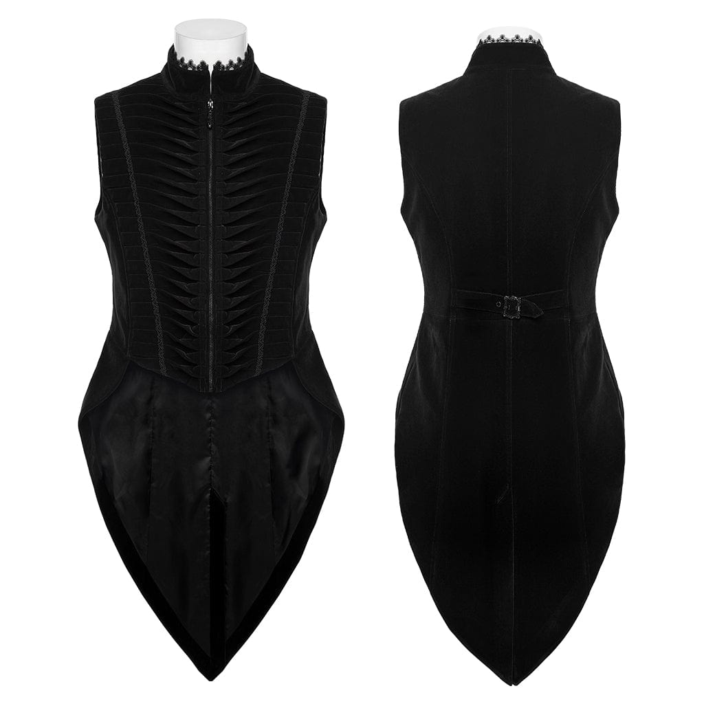 PUNK RAVE Men's Gothic Pleated Stand Collar Swallow-tailed Vest Black