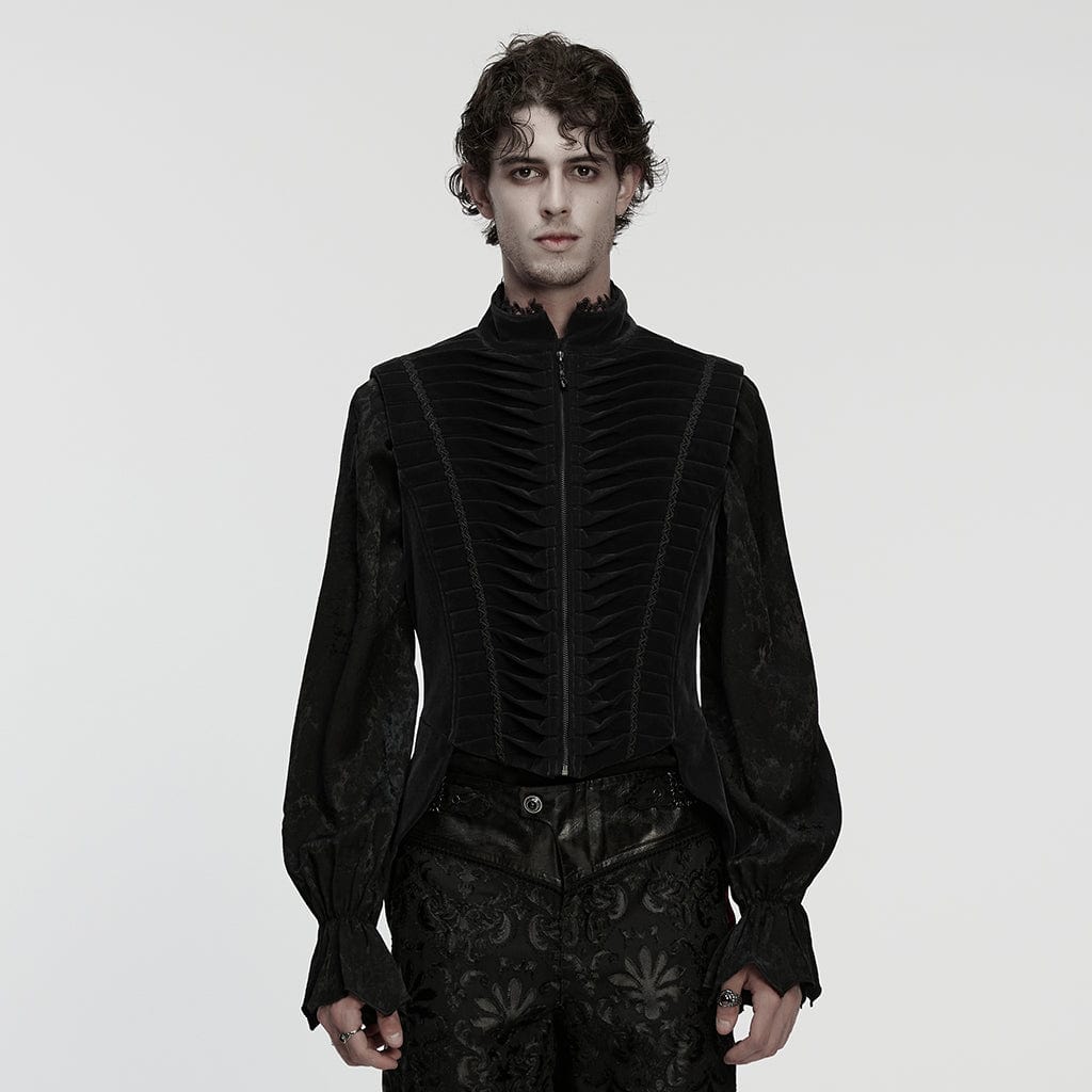 PUNK RAVE Men's Gothic Pleated Stand Collar Swallow-tailed Vest Black