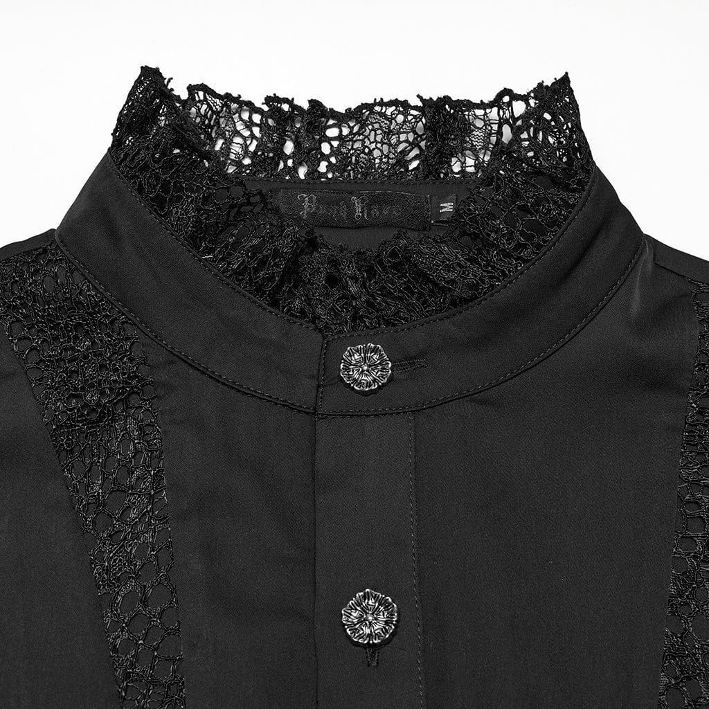 PUNK RAVE Men's Gothic Puff Sleeved Lace Splice Chiffon Shirt Black