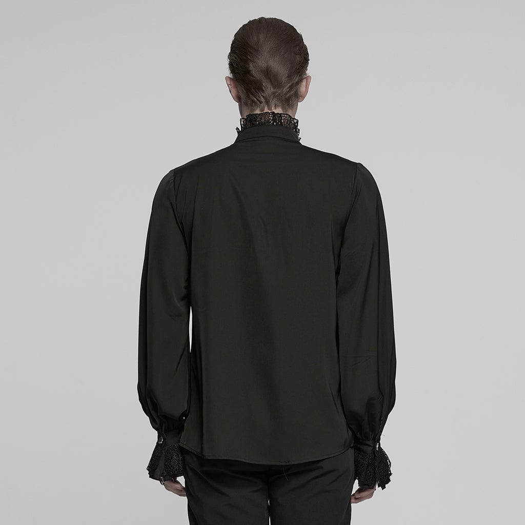 PUNK RAVE Men's Gothic Puff Sleeved Lace Splice Chiffon Shirt Black