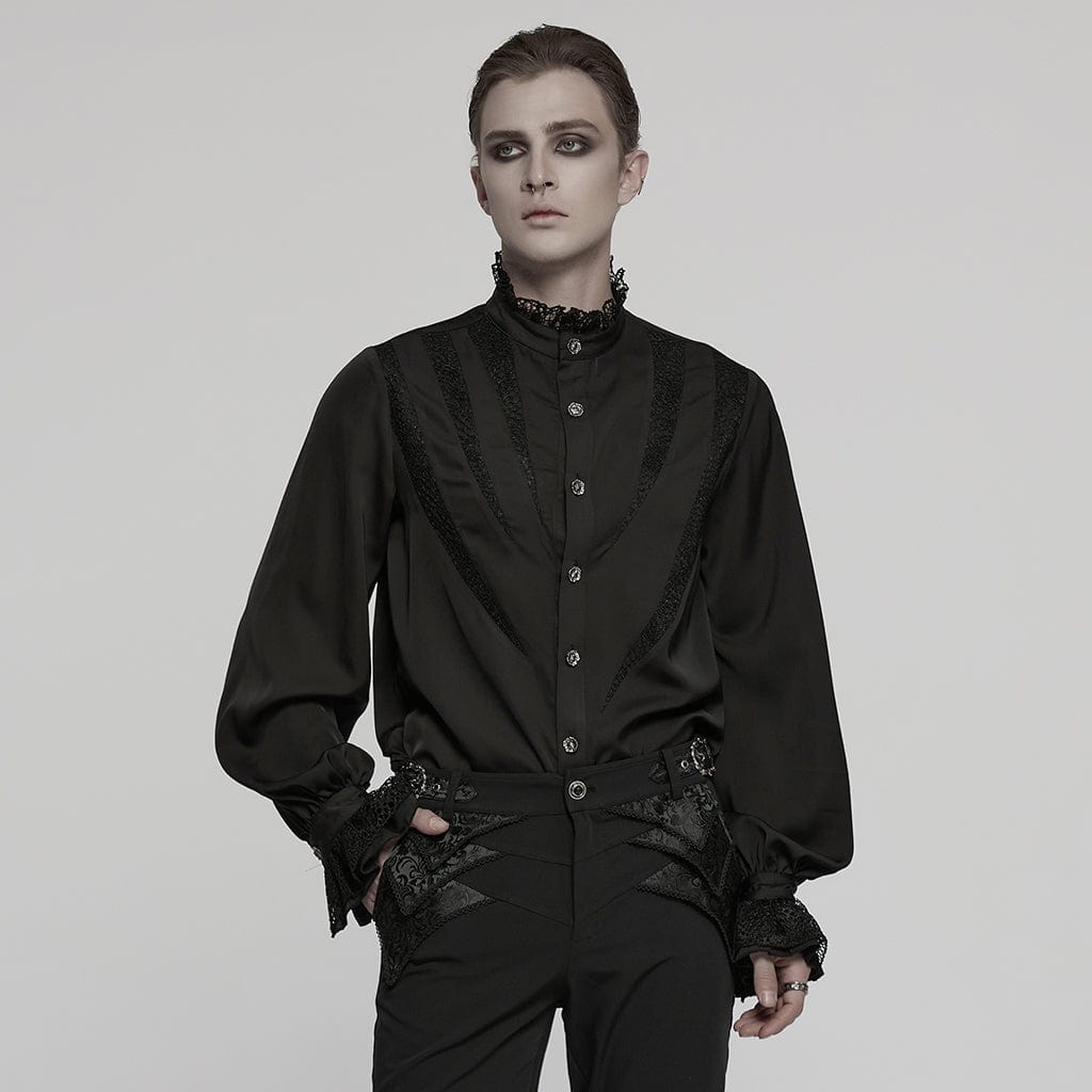 PUNK RAVE Men's Gothic Puff Sleeved Lace Splice Chiffon Shirt Black