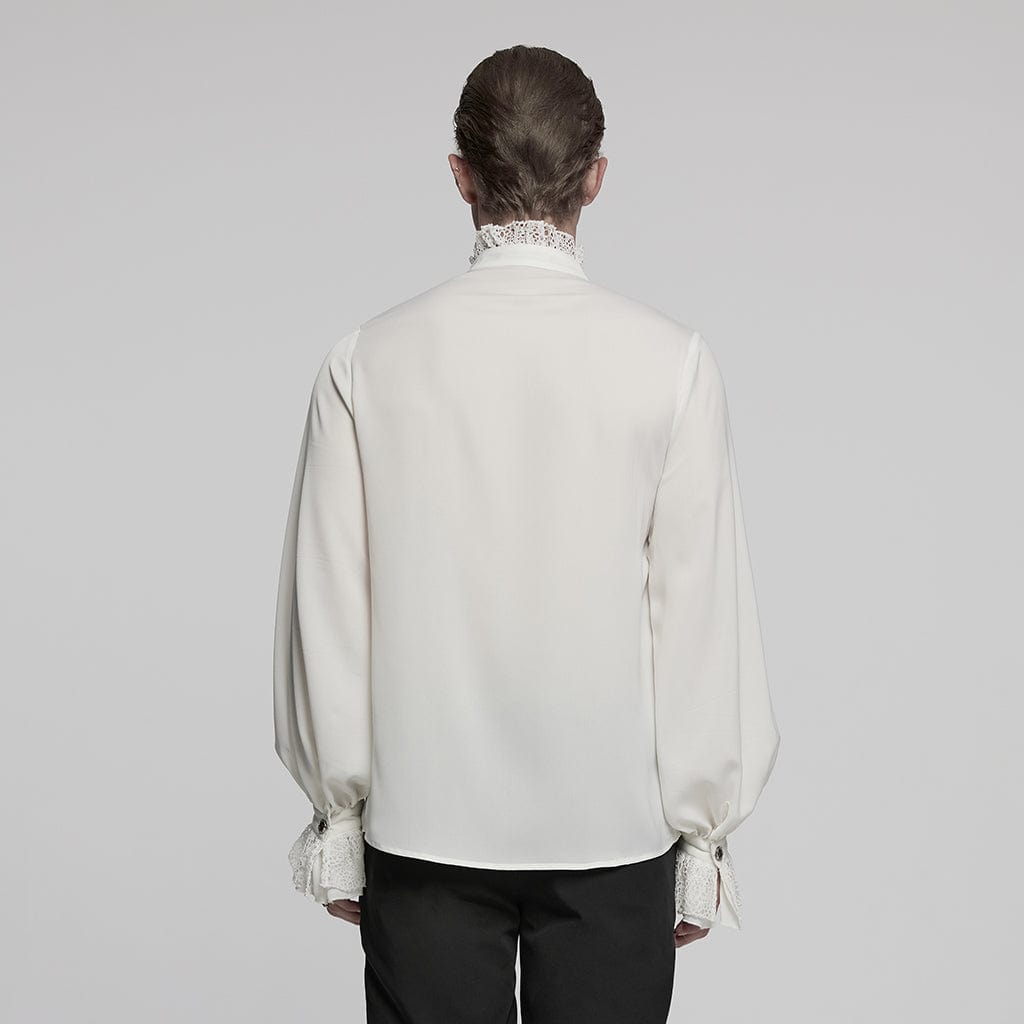 PUNK RAVE Men's Gothic Puff Sleeved Lace Splice Chiffon Shirt White
