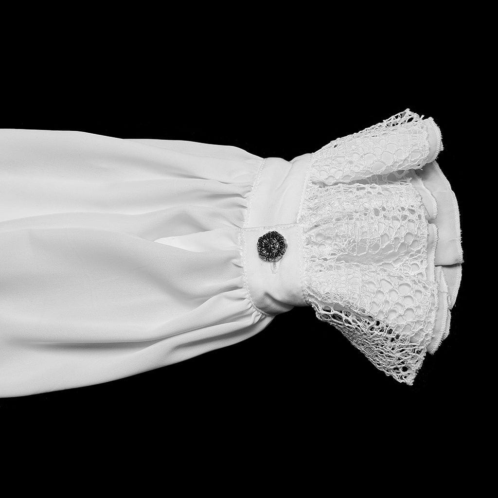 PUNK RAVE Men's Gothic Puff Sleeved Lace Splice Chiffon Shirt White