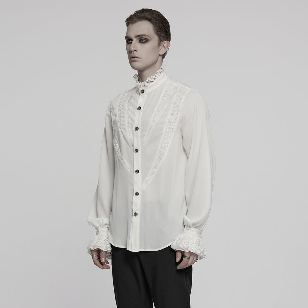 PUNK RAVE Men's Gothic Puff Sleeved Lace Splice Chiffon Shirt White