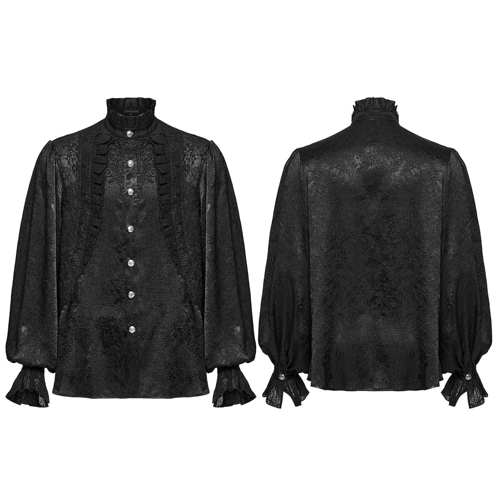 PUNK RAVE Men's Gothic Puff Sleeved Rose Ruffled Shirt Black