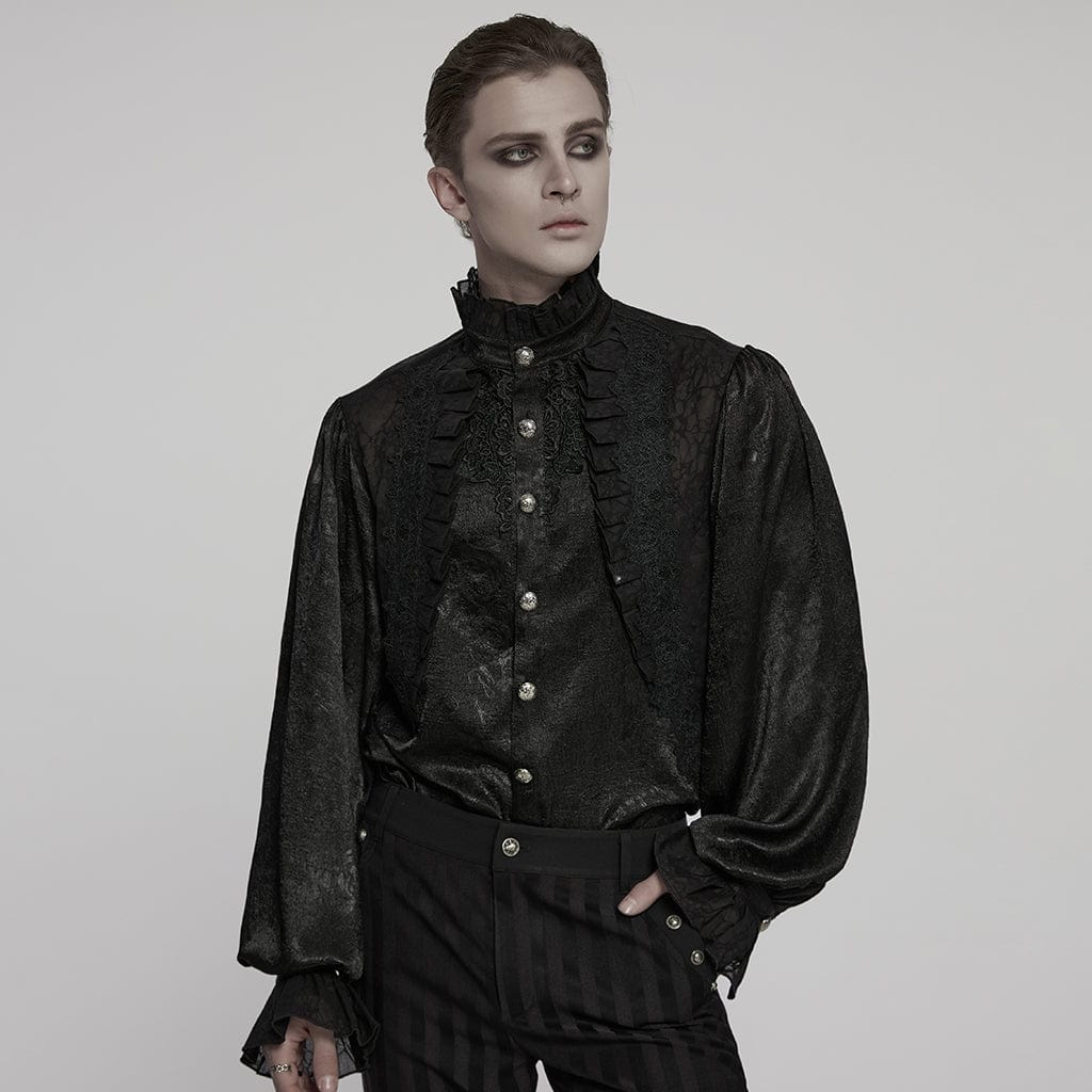 PUNK RAVE Men's Gothic Puff Sleeved Rose Ruffled Shirt Black
