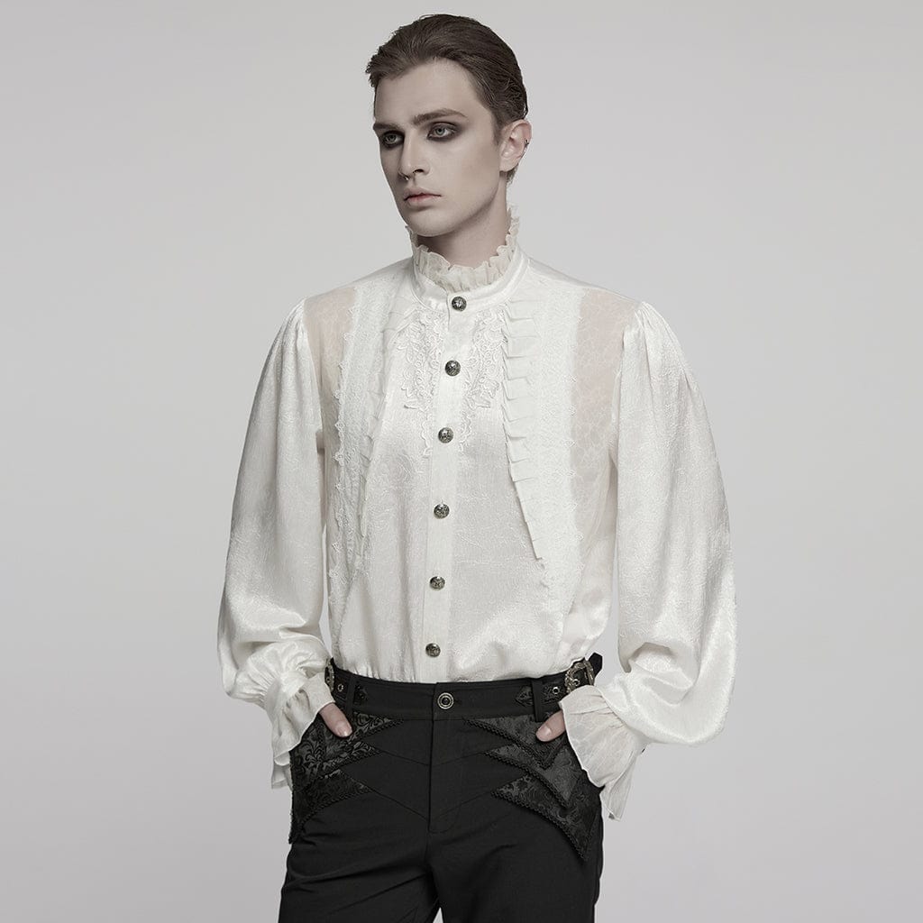 PUNK RAVE Men's Gothic Puff Sleeved Rose Ruffled Shirt White