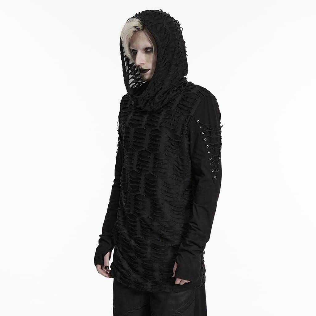 PUNK RAVE Men's Gothic Ripped Hooded Top