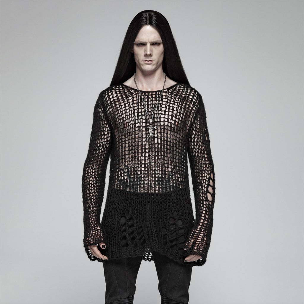 Punk Rave Men's Gothic Ripped Knitted Mesh Shirt