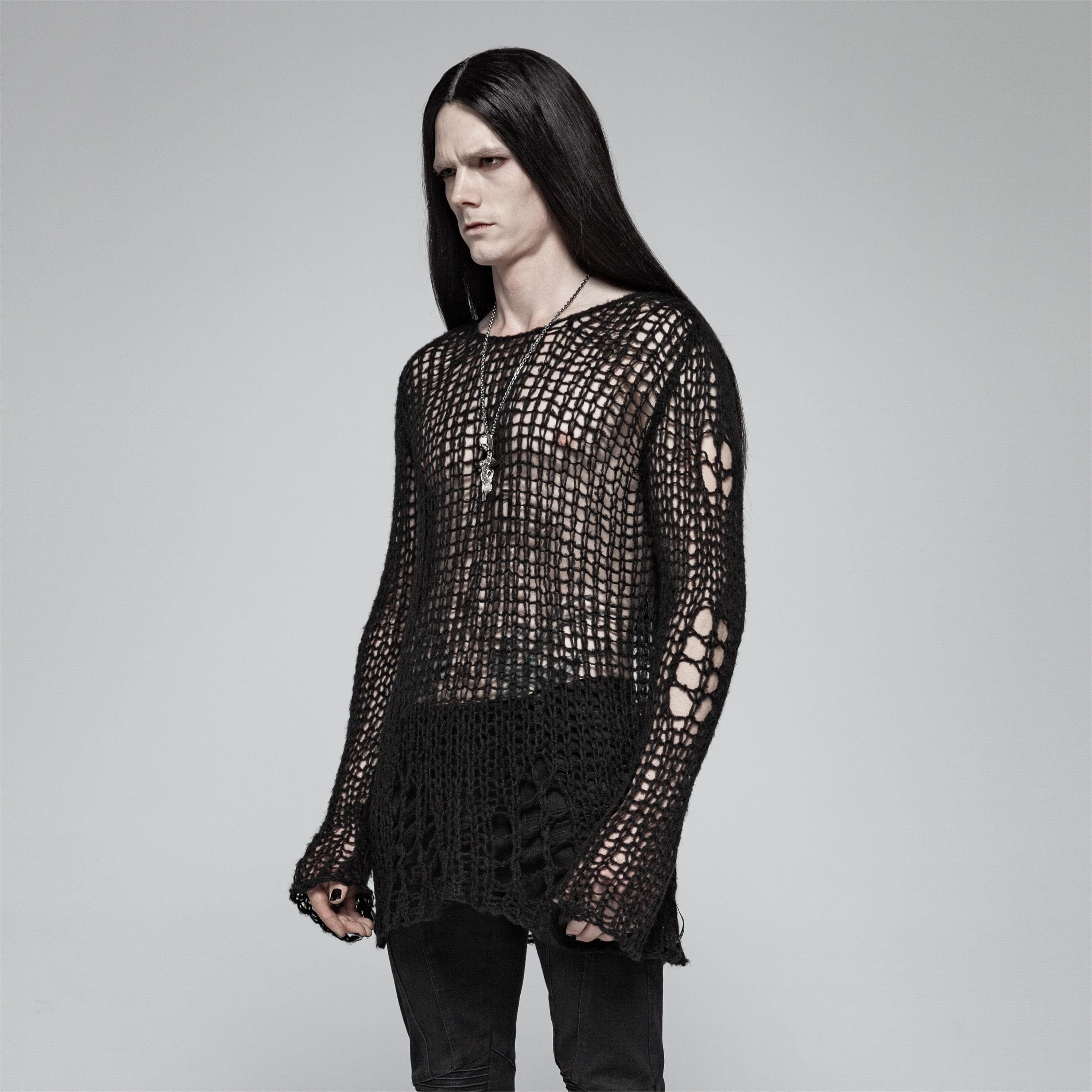 Punk Rave Men's Gothic Ripped Knitted Mesh Shirt