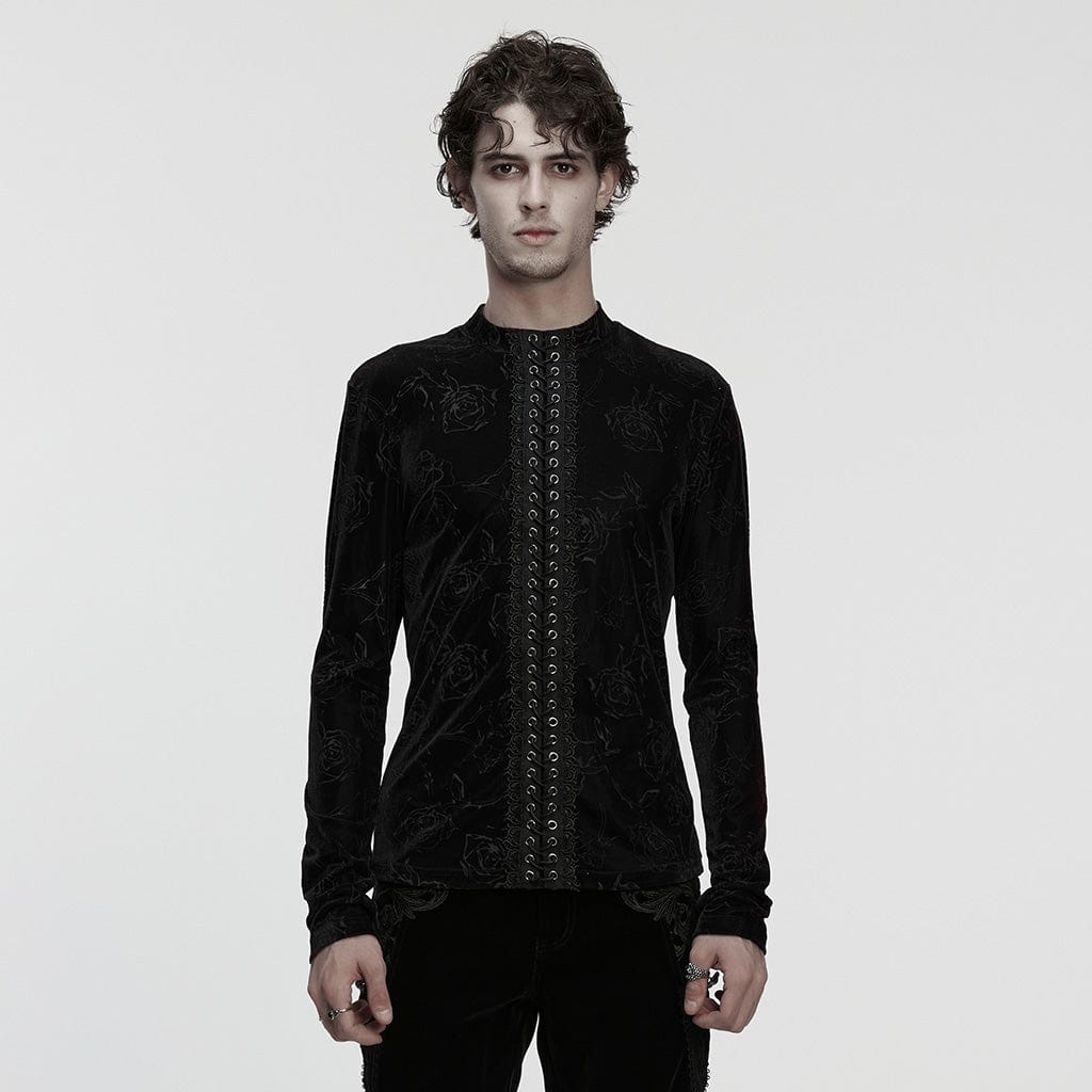 PUNK RAVE Men's Gothic Rose Embossed Lace-up Top Black