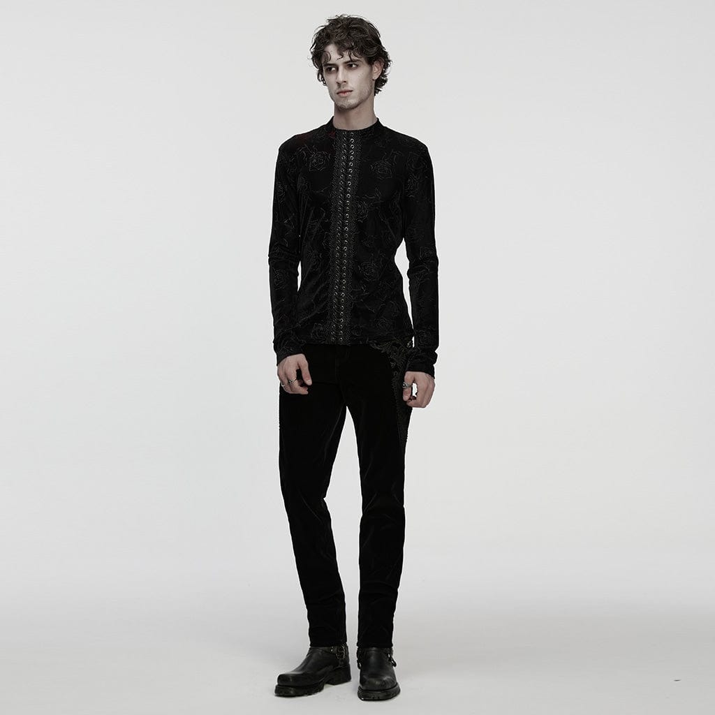 PUNK RAVE Men's Gothic Rose Embossed Lace-up Top Black