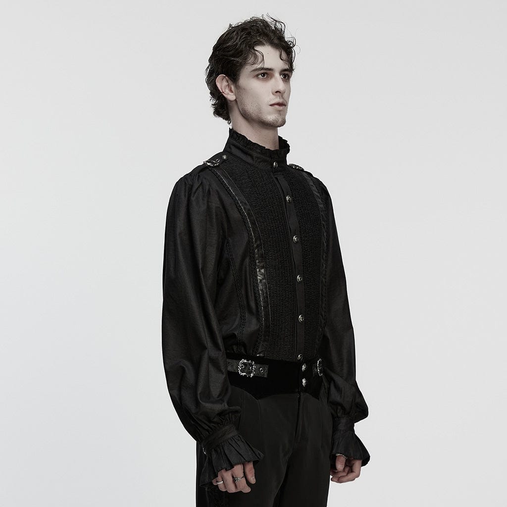 PUNK RAVE Men's Gothic Ruched Stand Collar Puff Sleeved Shirt