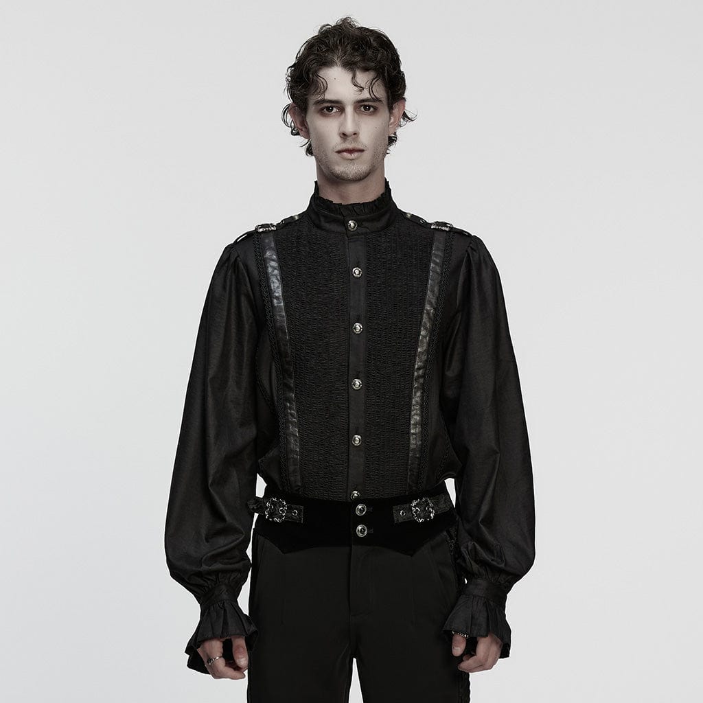 PUNK RAVE Men's Gothic Ruched Stand Collar Puff Sleeved Shirt