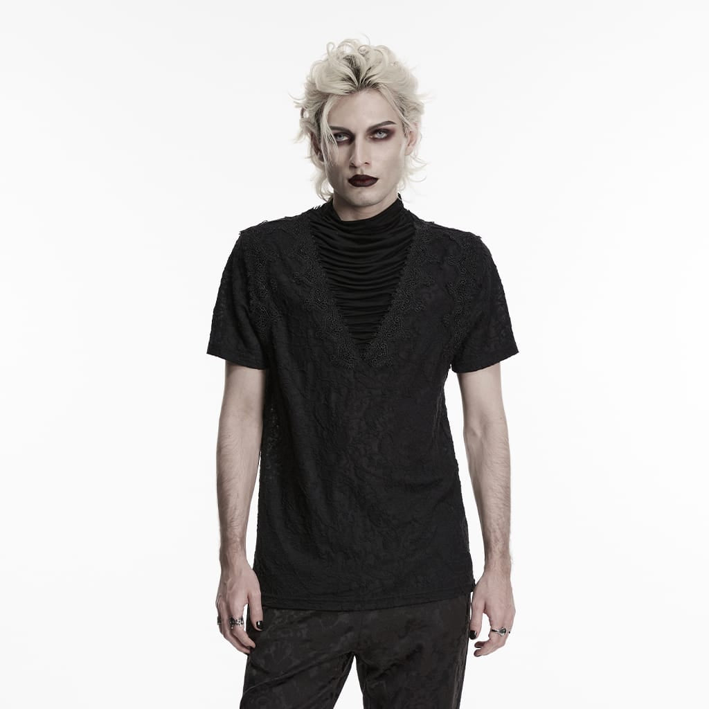 PUNK RAVE Men's Gothic Ruched Turtleneck Short Sleeved Top