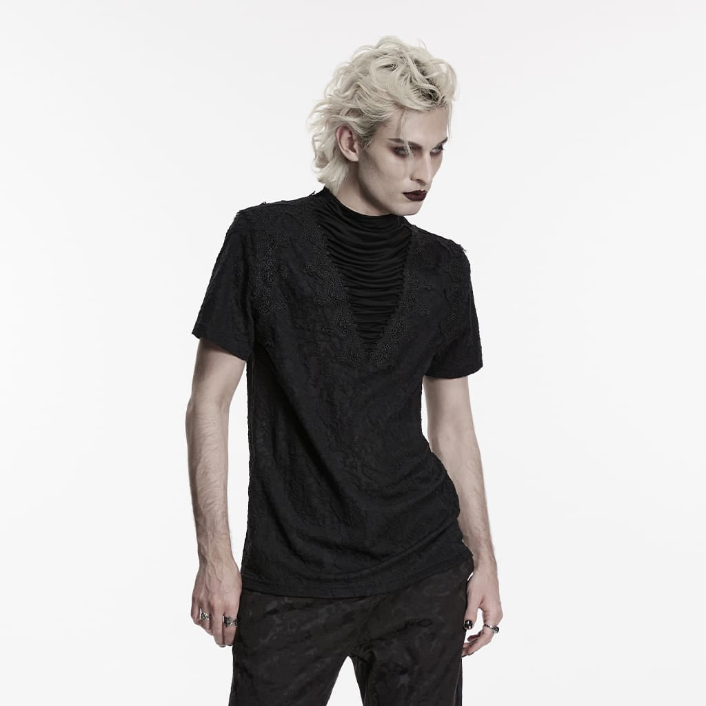 PUNK RAVE Men's Gothic Ruched Turtleneck Short Sleeved Top